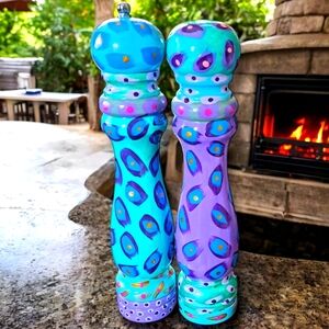 Hand Painted Wooden Salt and Pepper Shakers Blue Purple 10" NEVER USED